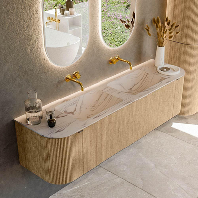 MONDIAZ KURVE-DLUX Meuble de salle de bains 170 cm arrondi gauche + droite couleur Chêne avec 1 tiroir et 2 portes. Lavabo LEAF Double sans trou de robinet Nata.