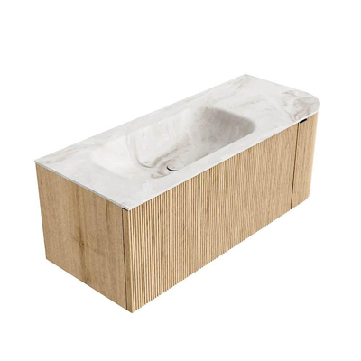 MONDIAZ KURVE-DLUX 115cm badmeubel met module 25 R kleur Oak met 1 lade en 1 deur. Wastafel BIG SMALL links 1 kraangat kleur Frappe.