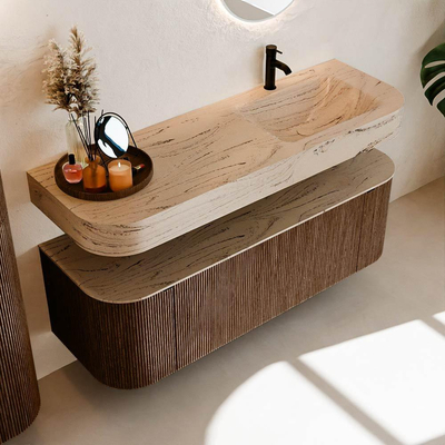 MONDIAZ THOR-DLUX 140cm meuble de salle de bains arrondi gauche + droite couleur Walnut avec 1 tiroir et 2 portes. Vasque suspendue CLOUD Droite 1 trou de robinet couleur Arena.