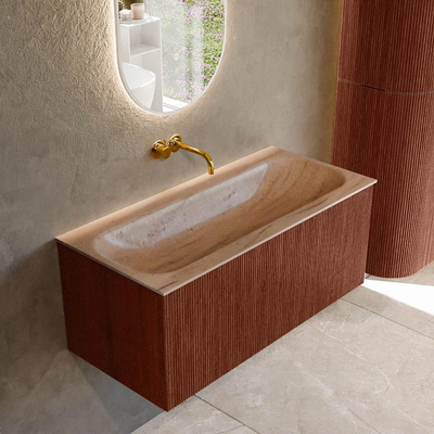 MONDIAZ KURVE-DLUX Meuble de salle de bains 100 cm couleur Ruby avec 1 tiroir et 0 porte. Lavabo BIG MEDIUM Central sans trou de robinet Saba.
