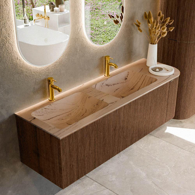 MONDIAZ KURVE-DLUX 145cm meuble de salle de bains arrondi droit couleur noyer avec 1 tiroir et 1 porte. Lavabo LEAF Double / Gauche 2 trous de robinet Arena.