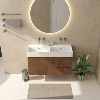 Saniclass Holz Atelier Ensemble meuble de salle de bains - 120x45x72cm - lavabo Legend en céramique blanc - 2 vasques - sans trous de robinetterie - 2 tiroirs - mat walnut pure (bois)