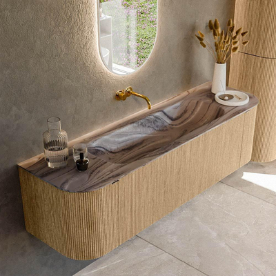 MONDIAZ KURVE-DLUX 160cm badmeubel ronding Links + Rechts kleur Oak met 1 lade en 2 deuren. Wastafel BIG MEDIUM Midden zonder kraangat Sombra.