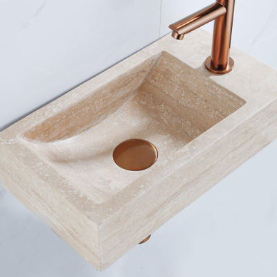 FugaFlow Eccelente Pietra Ensemble de fontaine - 40x22x10cm - trou de robinet à droite - robinet de fontaine en cuivre brossé PVD - bouchon de vidange - siphon abaissé - pierre naturelle marbrée