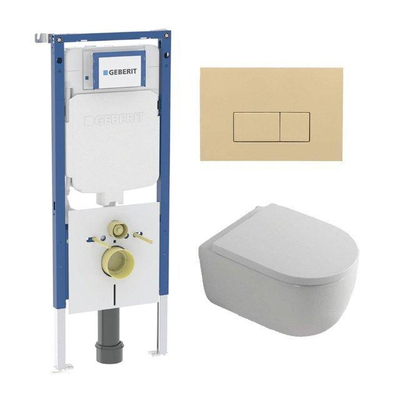 QeramiQ Dely Swirl Pack WC - 36,3x51,7cm - réservoir encastré Geberit UP720 Duofix Sigma - assise 35mm - plaque de déclenchement beige - boutons rectangulaires - blanc brillant