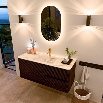 Mondiaz CIRO-DLUX Badkamermeubelset - 120x45x50cm - Solid surface wastafel Frappe - 1 wasbak Midden - 1 kraangat - 2 lades - Walnut