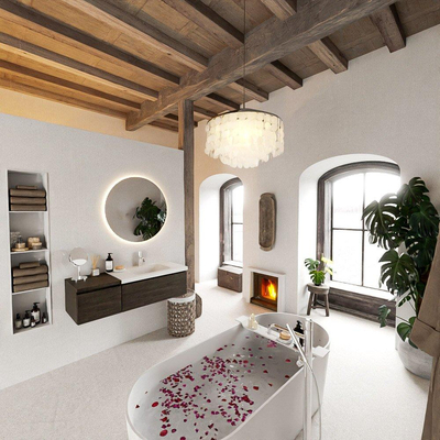 MONDIAZ BUKLA 120cm ensemble de meuble avec module 40 couleur Marron Foncé avec 2 tiroirs. Lavabo CLOUD à droite 1 trou de robinet couleur Talc.