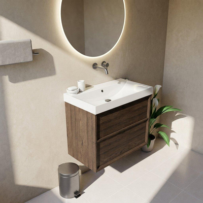 Saniclass Holz Frame Ensemble meuble de salle de bains - 80x45x67.5cm - lavabo Wave en céramique - 1 vasque - sans trou de robinet - 2 tiroirs - chêne charcoal mat (bois)