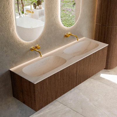 MONDIAZ KURVE-DLUX meuble de salle de bains 150cm couleur Walnut avec 2 tiroirs et 0 portes. Plan-vasque STOR SMALL Double sans trou de robinet Meli.