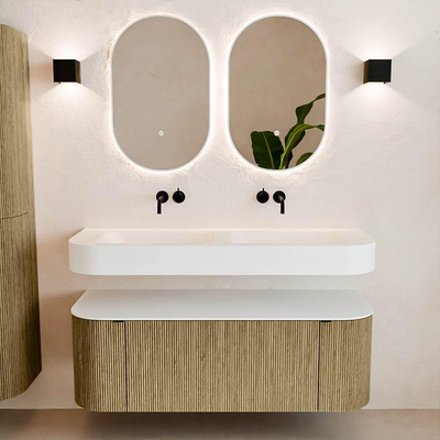 MONDIAZ THOR 130cm meuble de salle de bains arrondi gauche + droite couleur Dusk avec 1 tiroir et 2 portes. Vasque suspendue CLOUD Double sans trou de robinet couleur Talc.