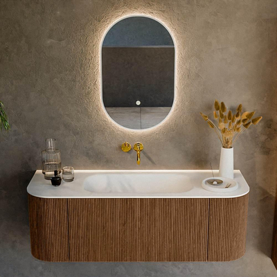 MONDIAZ KURVE 130cm Meuble salle de bain avec module 25 G et D - couleur Walnut - 1 tiroir - 2 portes - vasque BIG SMALL centre - sans trous de robinet - Talc