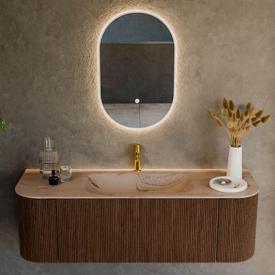 MONDIAZ KURVE-DLUX Meuble de salle de bains 140 cm arrondi gauche + droite couleur Walnut avec 1 tiroir et 2 portes. Vasque BIG SMALL centrale 1 trou de robinet Arena.