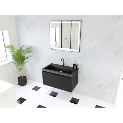 HR Matrix ensemble meuble de salle de bain 3d 80cm 1 tiroir sans poignée avec bandeau couleur noir mat avec vasque djazz 1 trou pour robinet noir mat