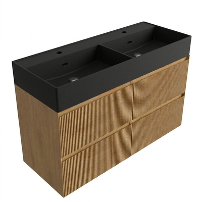 Saniclass Holz Atelier Badkamermeubelset - 120x45x72cm - Legend keramische wastafel mat zwart - 2 wasbakken - zonder kraangaten - 4 lades - mat eiken natural (hout)