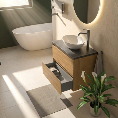 Saniclass Holz Pure Ensemble de meubles de salle de bains - 80x45x63cm - Plan vasque en basalte Noche poli (noir) - 1 trou de robinetterie - 2 tiroirs - chêne naturel mat (bois)
