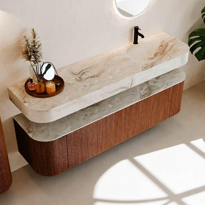 MONDIAZ THOR-DLUX 170cm meuble de salle de bains arrondi gauche + droite couleur Ruby avec 1 tiroir et 2 portes. Vasque suspendue CLOUD Droite 1 trou de robinet couleur Frappe.