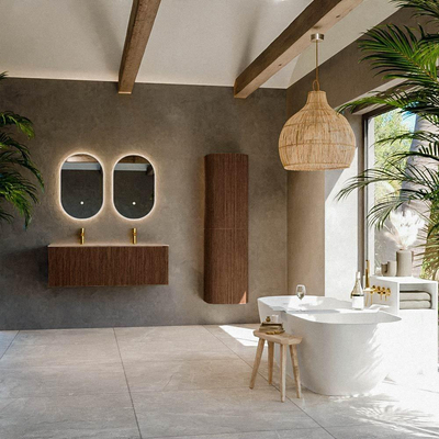 MONDIAZ KURVE-DLUX 120cm badmeubel kleur Walnut met 1 lade en 0 deuren. Wastafel BIG LARGE Midden 2 kraangaten Arena.