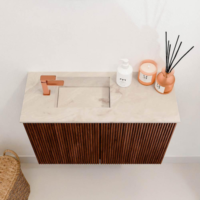 Mondiaz JOYA-DLUX 60cm toiletmeubel - kleur Ruby - Wastafel FAYE positie Links 1 kraangat kleur Frappe.