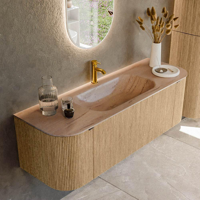 MONDIAZ KURVE-DLUX 140cm badmeubel ronding Links + Rechts kleur Oak met 1 lade en 2 deuren. Wastafel BIG SMALL Midden 1 kraangat Saba.
