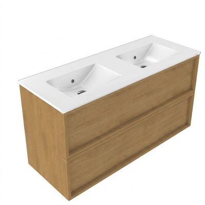 Saniclass Holz Frame Ensemble de meubles de salle de bains - 120x45x62cm - lavabo Vygo en céramique - 2 vasques - sans trous de robinetterie - avec trop-plein - 2 tiroirs - chêne naturel mat (bois)