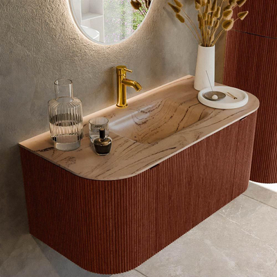 MONDIAZ KURVE-DLUX Meuble de salle de bains 100cm arrondi Gauche + Droite couleur Ruby avec 1 tiroir et 2 portes. Lavabo GRUNNE Central 1 trou de robinet Arena.