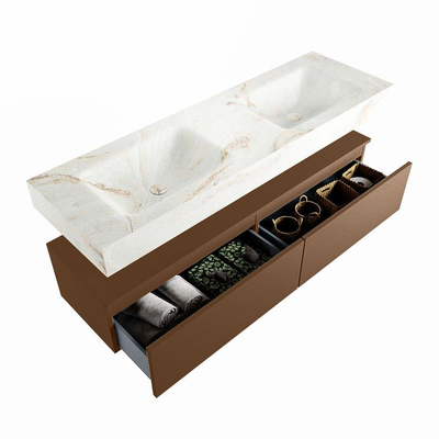 Mondiaz ALAN-DLUX Ensemble de meuble - 150cm - meuble Rust mat - 2 tiroirs - Lavabo Cloud Frappe suspendu - vasque Gauche et droite - 0 trous de robinet