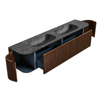 MONDIAZ KURVE-DLUX Meuble de salle de bains 200cm avec module 25 Len R couleur Walnut avec 2 tiroirs et 2 portes. Lavabo STOR SMALL double 2 trous de robinet couleur Lava.