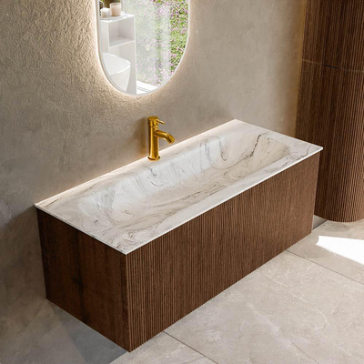 MONDIAZ KURVE-DLUX 110cm badmeubel kleur Walnut met 1 lade. Wastafel BIG MEDIUM midden 1 kraangat kleur Glace.