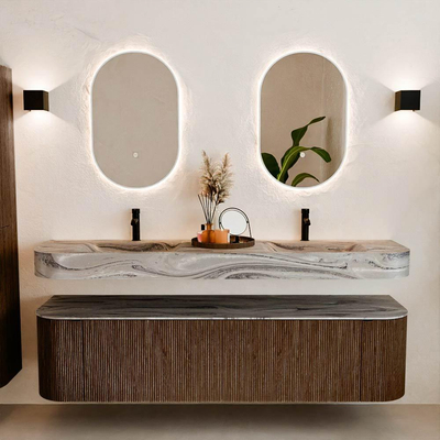 MONDIAZ THOR-DLUX 180cm badmeubel ronding links + rechts kleur Walnut met 2 lades en 2 deuren. Vrijhangende wastafel CLOUD Dubbel 2 kraangaten kleur Sombra.