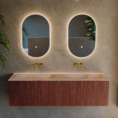 MONDIAZ KURVE-DLUX meuble de salle de bains 150 cm couleur Ruby avec 2 tiroirs et 0 porte. Lavabo STOR SMALL Double sans trou de robinet Saba.
