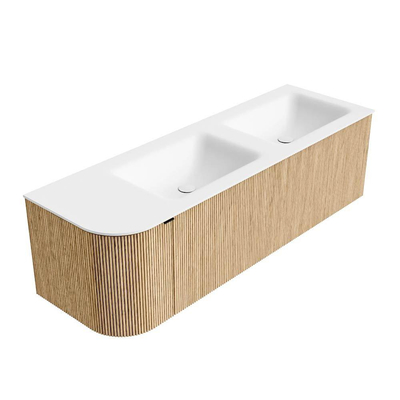 MONDIAZ KURVE 145cm badmeubel met module 25 L kleur Oak met 1 lade en 1 deur. Wastafel CLOUD dubbel / rechts 2 kraangaten Talc.