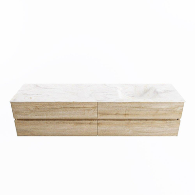 MONDIAZ VICA-DLUX Badkamermeubelset - 200cm - onderkast washed oak - 4 lades - inbouw wastafel cloud rechts - zonder kraangaten - spiegel model spot - XL versie 60cm hoog - ostra