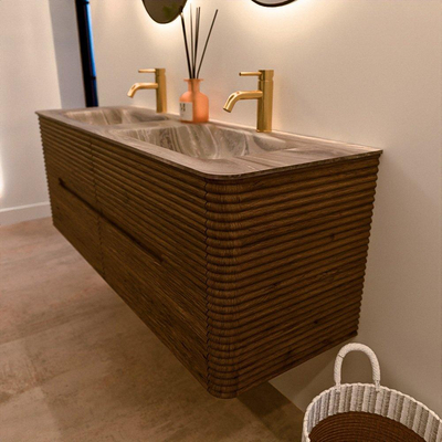 Mondiaz CIRO-DLUX Badkamermeubelset - 140x45x50cm - Solid surface wastafel Sombra - 2 wasbak Dubbel - 2 kraangaten - 4 lades - Dusk