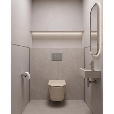 QeramiQ Dely Toiletset - 36.3x51.7cm - diepspoel - rimless - Geberit UP320 inbouwreservoir - softclose toilet zitting - 35mm - bedieningsplaat licht grijs - ronde knoppen - mat beige (wit)