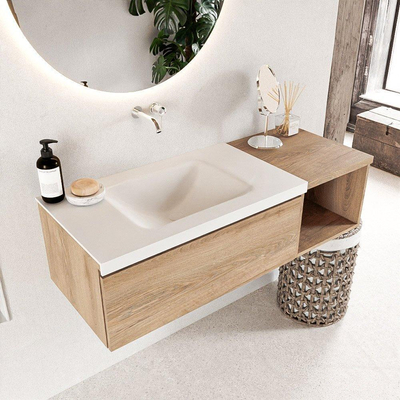 Mondiaz BUKLA Badkamermeubelset - 120x45x34cm - 0 kraangaten - wasbak links - solid surface - Talc - greeploos - 1 lade - Melamine - Washed Oak