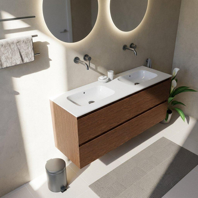 Saniclass Holz Pure Ensemble de meubles de salle de bains - 140x45x61.5cm - Flow lavabo en solid surface blanc - 2 vasques - sans trous de robinetterie - 4 tiroirs - noyer pure mat (bois)