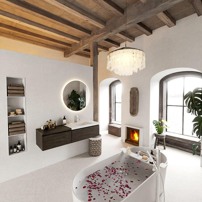 MONDIAZ BUKLA meuble de salle de bains 140 cm avec module 60 couleur Dark Brown avec 2 tiroirs. Lavabo CLOUD à droite 1 trou de robinet couleur Talc.