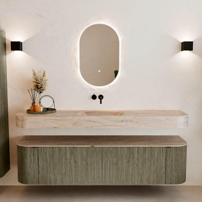 MONDIAZ THOR-DLUX 180cm meuble de salle de bains arrondi gauche + droite couleur Shadow avec 2 tiroirs et 2 portes. Vasque suspendue CLOUD Milieu sans trou de robinet couleur Saba.