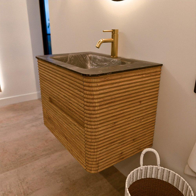 Mondiaz CIRO-DLUX Meuble de salle de bains complet - 70x45x50cm - Lavabo en solid surface Lava - 1 vasque Centrale - 1 trou de robinet - 2 tiroirs - Chêne