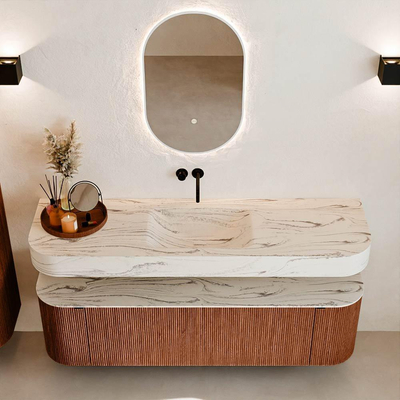 MONDIAZ THOR-DLUX 160cm meuble de salle de bains arrondi gauche + droite couleur Ruby avec 1 tiroir et 2 portes. Vasque suspendue CLOUD Milieu sans trou de robinet couleur Nata.