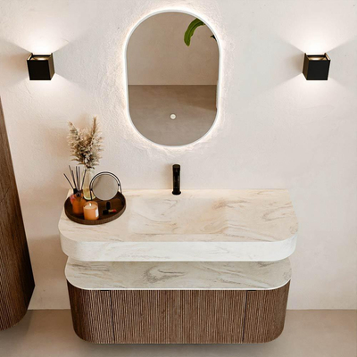 MONDIAZ THOR-DLUX 120cm badmeubel ronding links + rechts kleur Walnut met 1 lade en 2 deuren. Vrijhangende wastafel CLOUD Midden 1 kraangat kleur Ostra.