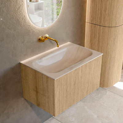 MONDIAZ KURVE-DLUX Meuble de salle de bains 70cm couleur Oak avec 1 tiroir et 0 portes. Lavabo BIG SMALL Central sans trou de robinet Meli.