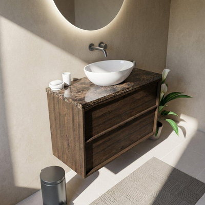Saniclass Holz Frame Ensemble meuble de salle de bains - 100x45x63cm - Plan de travail en pierre naturelle Noche dark emperador - sans trou de robinetterie - 2 tiroirs - chêne charcoal mat (bois)
