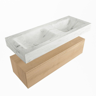 Mondiaz ALAN-DLUX Ensemble de meuble - 120cm - meuble Washed Oak mat - 1 tiroir - Lavabo Cloud Opalo suspendu - vasque Gauche et droite - 2 trous de robinet