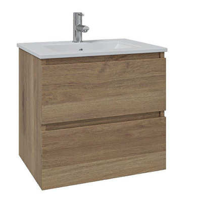 Saniclass Chaci Ensemble meuble de salle de bains - 60x46x55cm - lavabo en céramique blanc - 1 vasque - 1 trou de robinet - 2 tiroirs - armoire de toilette - chêne