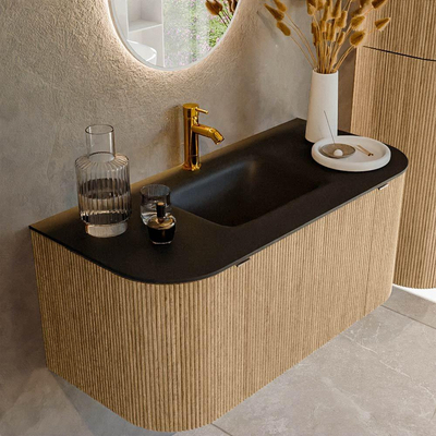 MONDIAZ KURVE 100cm badmeubel met module 25 Len R kleur Oak met 1 lade en 2 deuren. Wastafel GRUNNE midden 1 kraangat Urban.
