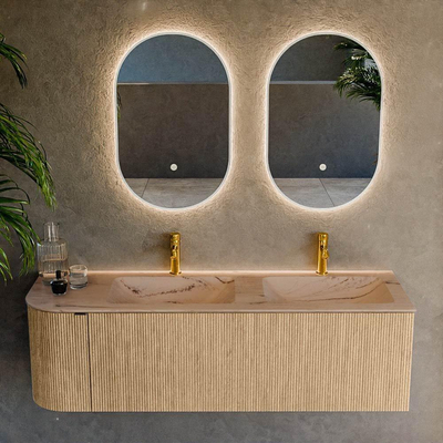 MONDIAZ KURVE-DLUX 145cm badmeubel ronding Links kleur Oak met 1 lade en 1 deur. Wastafel LEAF Dubbel / Rechts 2 kraangaten Arena.