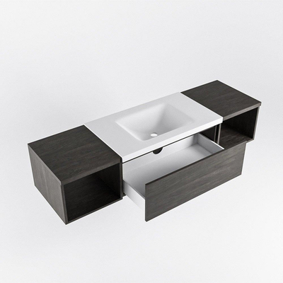 MONDIAZ BUKLA 160cm ensemble de meuble avec module ouvert 40 L+R couleur Marron foncé avec 1 tiroir. Lavabo CLOUD centre 1 trou de robinet couleur Talc.