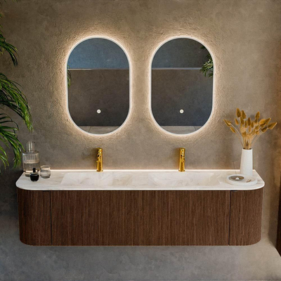 MONDIAZ KURVE-DLUX 170cm badmeubel met module 25 Len R kleur Walnut met 1 lade en 2 deuren. Wastafel LEAF dubbel 2 kraangaten kleur Frappe.