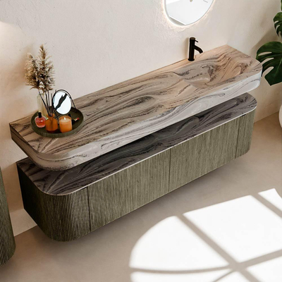 MONDIAZ THOR-DLUX Meuble de salle de bains - 180cm - arrondi gauche + droite - couleur Shadow - 2 tiroirs - 2 portes - Vasque suspendue CLOUD droite 1 trou de robinet couleur Sombra